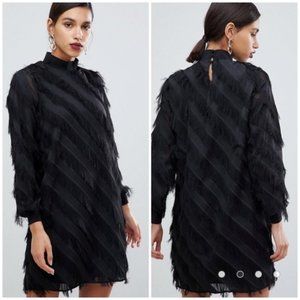 Y.A.S Yasdia Long Sleeve Fringe Stripe High Neck Mini Dress In Black NWT Large